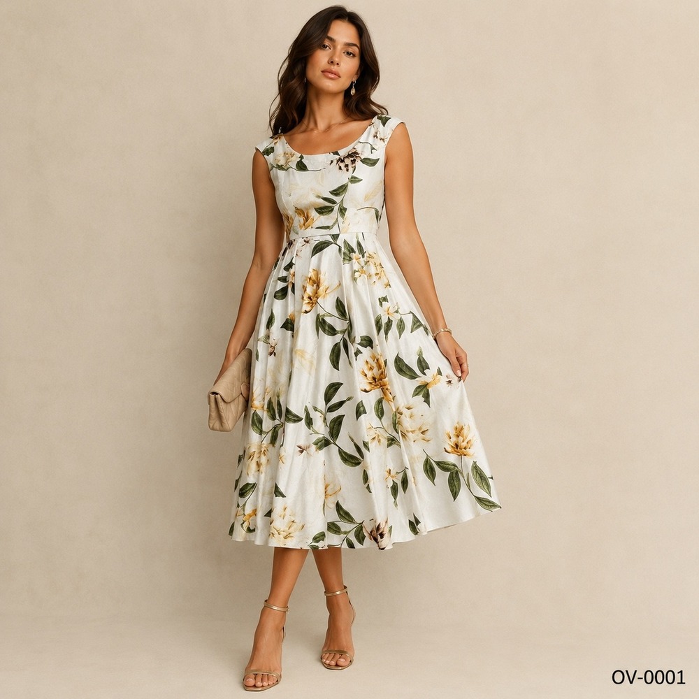 Calvin Klein Floral Fit and Flare Midi Dress White Yellow Size 14 OV-0001